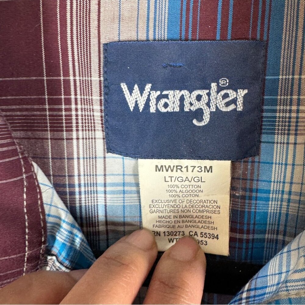 Vintage Wrangler Plaid Western Burgundy Pearl Snap Button Shirt L Tall Cotton - Picture 6 of 14